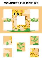 Complete the picture animal puzzle worksheet for kids vector
