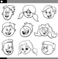 cartoon children or teens faces set coloring page vector