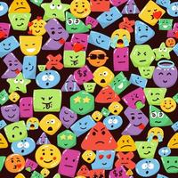 Seamless colorful Abstract background with emoji and abstract geometric shapes in memphis style. Trendy vector background in white, blue, yellow and red colors.