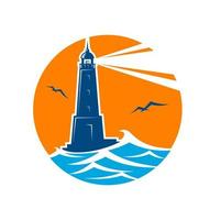 Lighthouse and beacon icon, vector round emblem