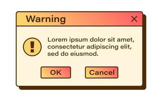 ventana modal de onda de vapor retro vectorial. ventanas de diálogo de advertencia y2k. ui nostálgico. interfaz de computadora retro degradada. mensaje de advertencia. vector