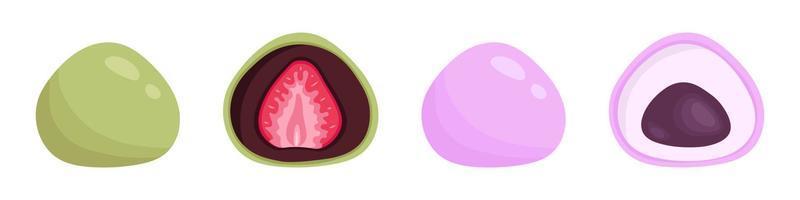 Vector set of green tea mochi with strawberry and pink mochi with azuki bean paste. Illustration with japanese traditional dessert. Asian food.