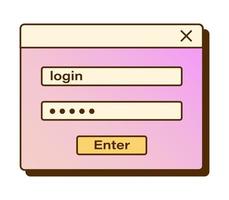Vector retro authorization window with login and password fields. Nostalgic UI. Gradient vaporwave computer interface. Authorization template.