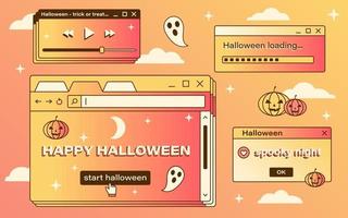 Vector Halloween vaporwave computer interface. Retro illustration with Happy Halloween message. Pumpkins and ghosts. Magic desktop. Gradient browser and dialog windows.