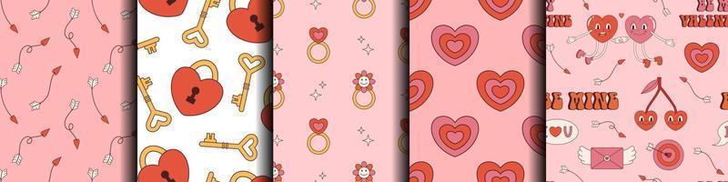 Vector set of Valentines day seamless patterns. Love collection in red and pink colors. Retro backgrounds with heart shaped elements. Love and romance.