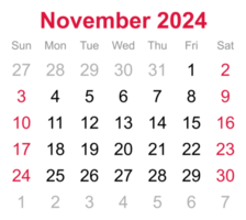 Monthly calendar of November 2024 on transparent background png