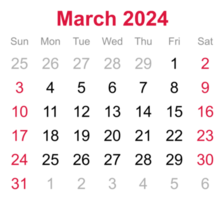Monthly calendar of March 2024 on transparent background png