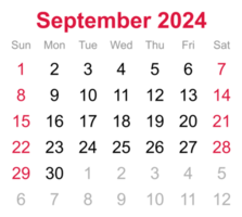 Monthly calendar of September 2024 on transparent background png
