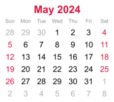 calendrier mensuel de mai 2024 sur fond transparent png