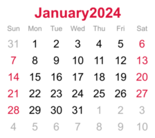 Monthly calendar of January 2024 on transparent background png