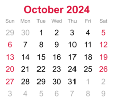 Monthly calendar of October 2024 on transparent background png