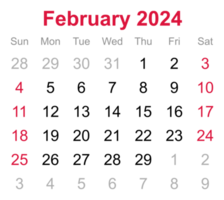 Monthly calendar of February 2024 on transparent background png