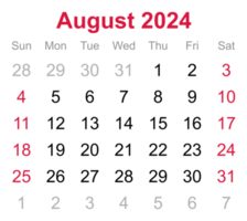 Monthly calendar of August 2024 on transparent background png