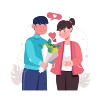 A romantic boyfriend gives a bunch of flowers to his darling girlfriend. Happy young couple portrait. Valentine's Day and happy anniversary concept. png