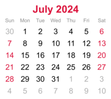 calendário mensal de julho de 2024 em fundo transparente png