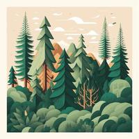Nature landscape flat vector illustration, trees and mountains flat vector