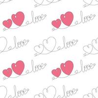 Continuous hand drawn line lettering love and two hearts side by side in trendy hue. Valentines day vector