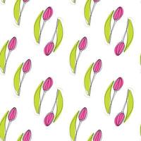 Endless pattern of Outline drawing of a tulip flower in one line with color spot in trendy shades vector