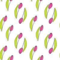 Endless pattern of Outline drawing of a tulip flower in one line with color spot in trendy shades vector