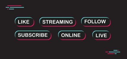 botones de llamada a la acción de las redes sociales. transmisión en vivo en línea, seguir, dar me gusta y suscribirse. vector