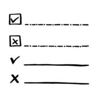 Collection of isolated vector outline check to do lists, check marks and checkboxes in doodle