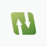 Green gradient colored letter N vector logo with negative space crossing path arrows.