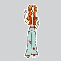 70s styles vector doodle sticker. Hippie girl.
