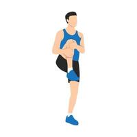 hombre calentándose antes de ejecutar el vector. hombre levantando la rodilla izquierda y usando ambas manos para apoyar la rodilla, acérquese al pecho tanto como sea posible. ilustración vectorial plana aislada en blanco vector