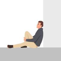 Young depressed male character sitting on the floor and think about his future. Flat vector illustration isolated on white background