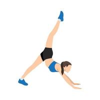 Woman doing Downward Facing Dog Split Pose, Down Dog Split, Eka Pada Adho Mukha Svanasana,Three Legged Downward Facing Dog Pose. Flat vector illustration isolated on white background