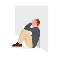 Young man depressed and sit on the floor. Flat vector illustration isolated on white background