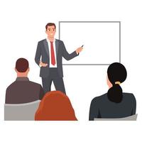 Young man doing presentation. Group of business workers smiling happy and confident in a meeting. Flat vector illustration isolated on white background