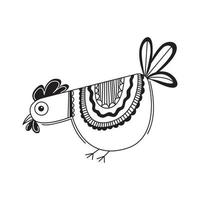 Cute chicken. Hand drawn bird in cartoon style. Line art doodle. Detailed ornamented illustration, with beautiful decorations for coloring book. Vector isolated on white background.