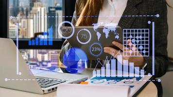 Intelligence and business analytics with dashboard concept.Website designer working in come digital tablet computer laptop.and smart phone. photo