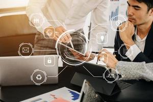 Co working process, team working.Coding software developer work with VR new design dashboard computer icons.team business concept photo