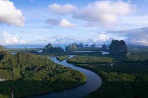 Aerial view Drone shot of Nature landscape mountain view located in Phang-nga Thailand. Drone flying over sea and mangrove forest Landscape High angle view