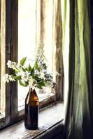 A bottle with blooming jasmine branches by the window in a rustic house photo