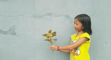 Little girl holding young plant.  Green Leaves. Ecology concept. Light color background. photo