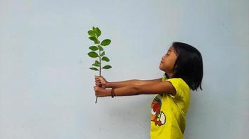 Little girl holding young plant.  Green Leaves. Ecology concept. Light color background. photo