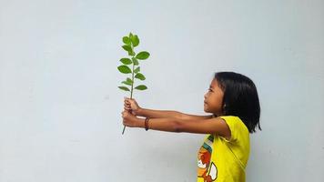 Little girl holding young plant.  Green Leaves. Ecology concept. Light color background. photo