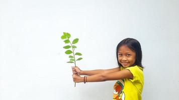 Little girl holding young plant.  Green Leaves. Ecology concept. Light color background. photo