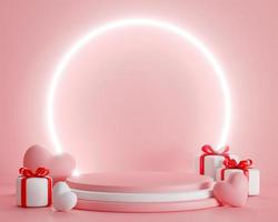 3d rendering. Pink heart gift box and podium stand to show product display on pink color background and ring light. Abstract minimal geometric shapes backdrop for valentine day design photo