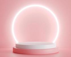 3d rendering. Podium stand to show product display on pink color background and ring light. Abstract minimal geometric shapes backdrop for valentine day design photo