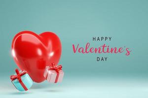 3d rendering. Red heart balloon and gift box on blue color background. Design for valentine day design photo