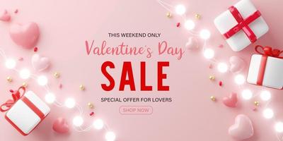 3d rendering.Valentines Day sale with heart shaped balloons, gift box and ball light decor. Holiday illustration banner. for valentine and mother day design photo