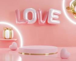 3d rendering. Letter L O V E pink heart gift box and podium stand to show product display on pink color background and ring light. Abstract minimal geometric shapes backdrop for valentine day design photo