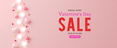 3d rendering.Valentines Day sale with heart shaped balloons, gift box and ball light decor. Holiday illustration banner. for valentine and mother day design photo