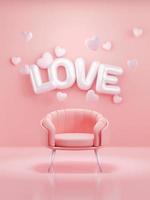 3d rendering. Letter L O V E pink heart and sofa on pink color background. for valentine and mother day design photo