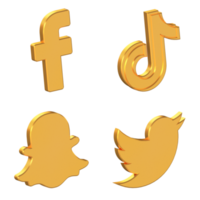 icône facebook, tiktok, snapchat et twitter isolée avec fond transparent, texture dorée, rendu 3d png