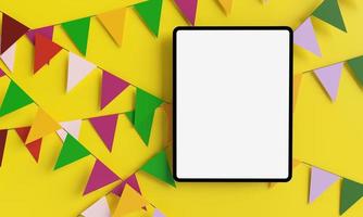 Tablet smartphone technology digital network touchscreen white isolated background wallpaper mock up empty flag colorful carnival celebration festival anniversary happy holiday copy space.3d render photo